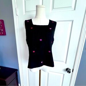 Etoile Black Sleeveless Tank Top Embroidered Pink Red Hearts Women’s XL, NWT